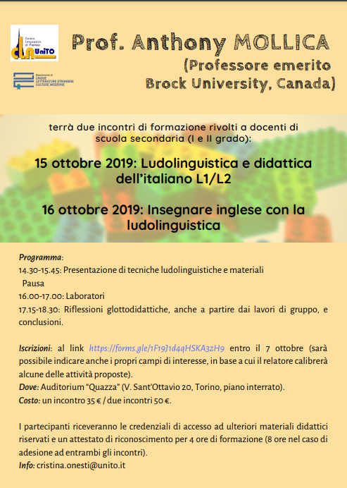 locandina incontro Anthony Mollica presso il Centro Linguistico di Ateneo dell'Università di Torino